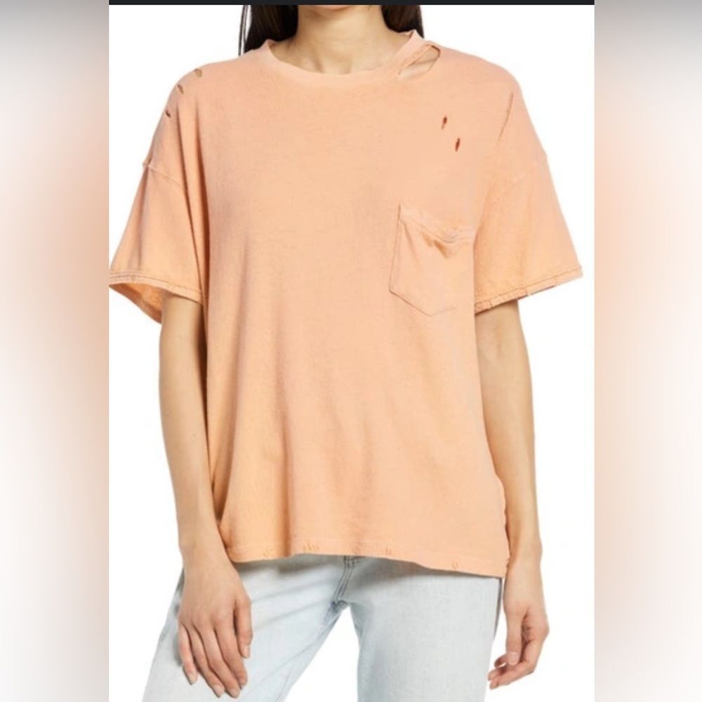 Free People Rubi Distressed Tee Peach Pit sz S‎